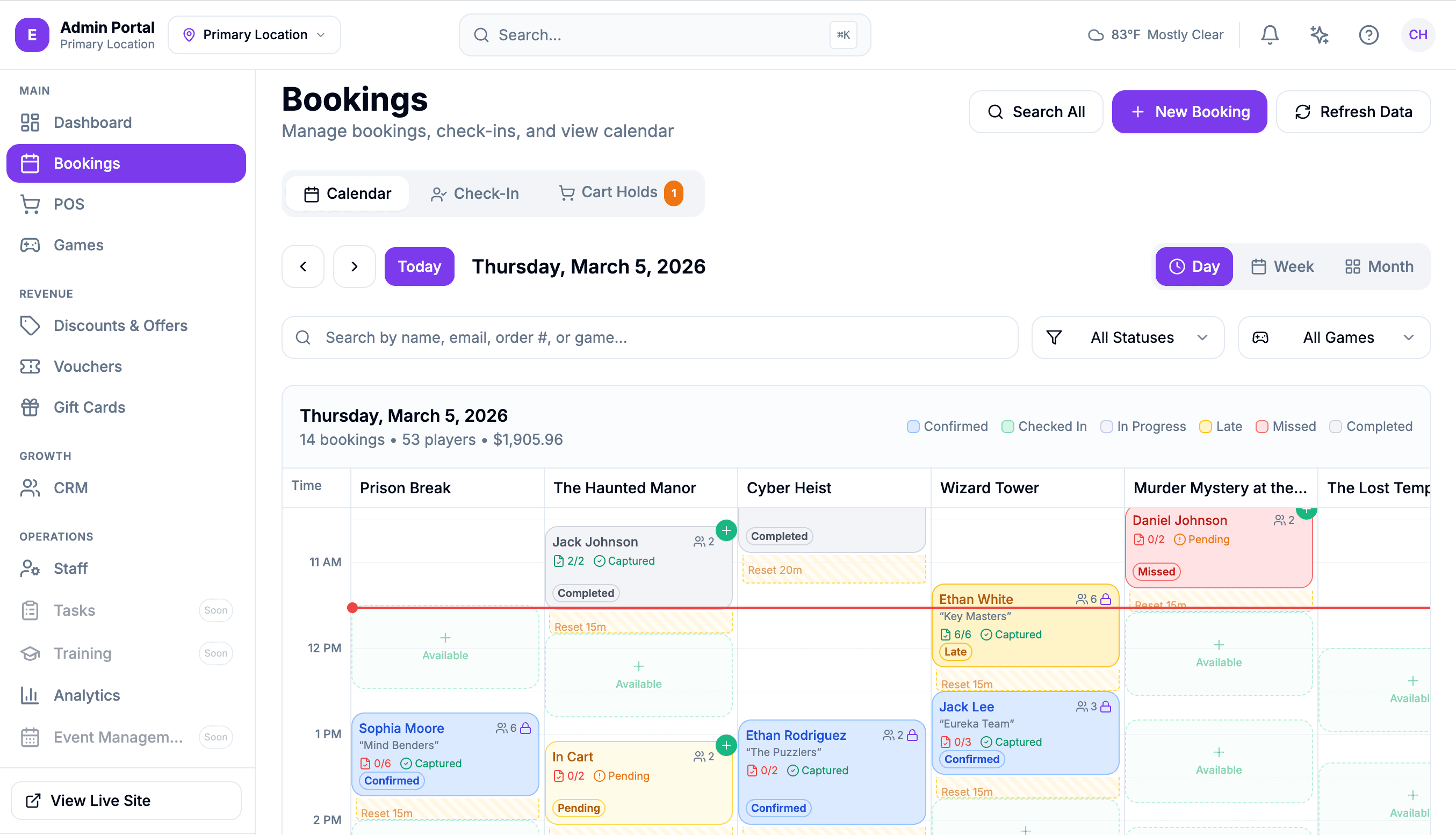 Escape OS admin dashboard showing a day calendar view with booking cards across six escape rooms. The calendar displays real-time booking statuses including confirmed, checked in, in progress, late, and missed bookings. The sidebar navigation shows modules for bookings, POS, games, CRM, staff management, and analytics.